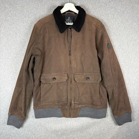 PrAna Mens Size Medium Full Zip Front Organic Cotton Bomber Jacket Brown Pockets - Picture 1 of 7